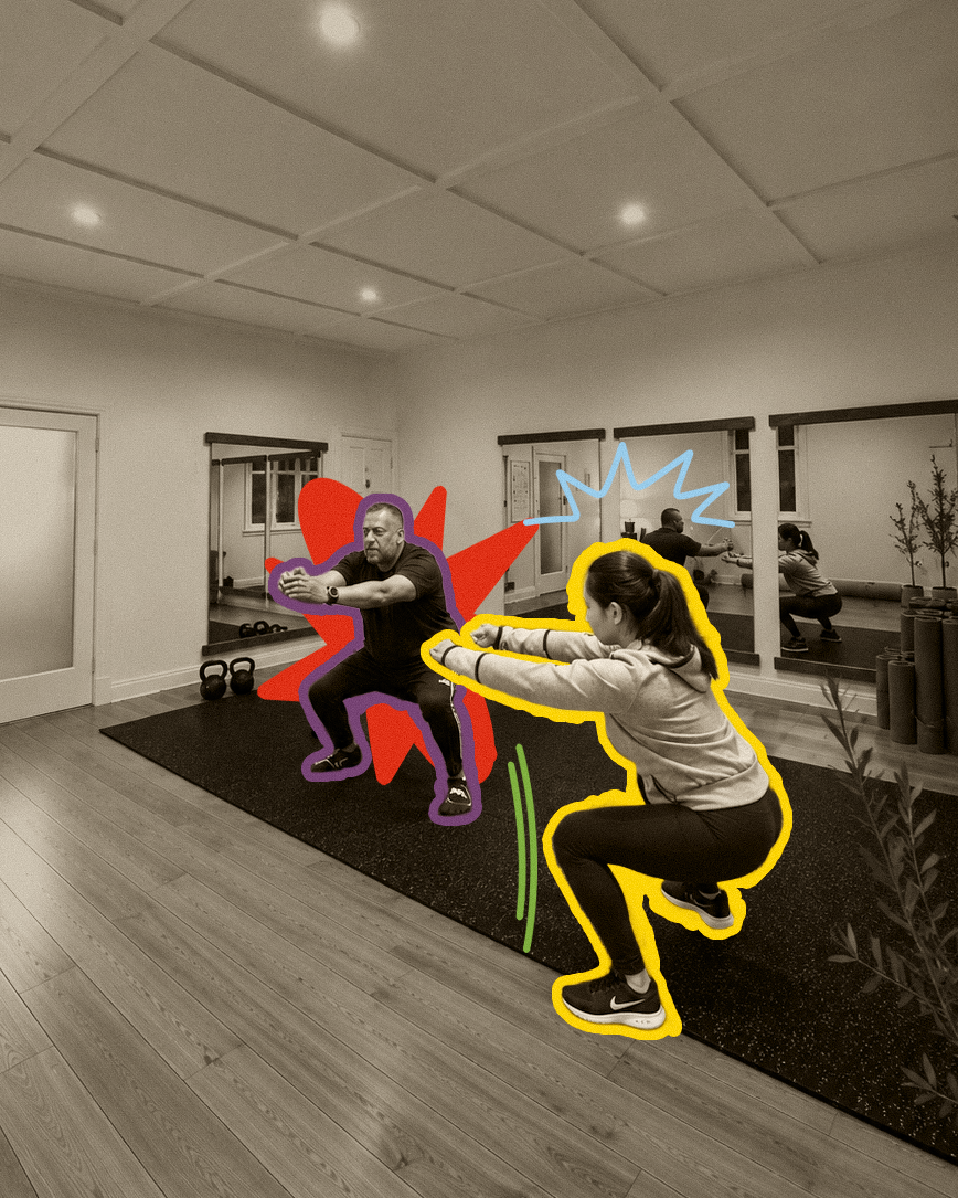 Coach and client working through a guided squat, photostration style